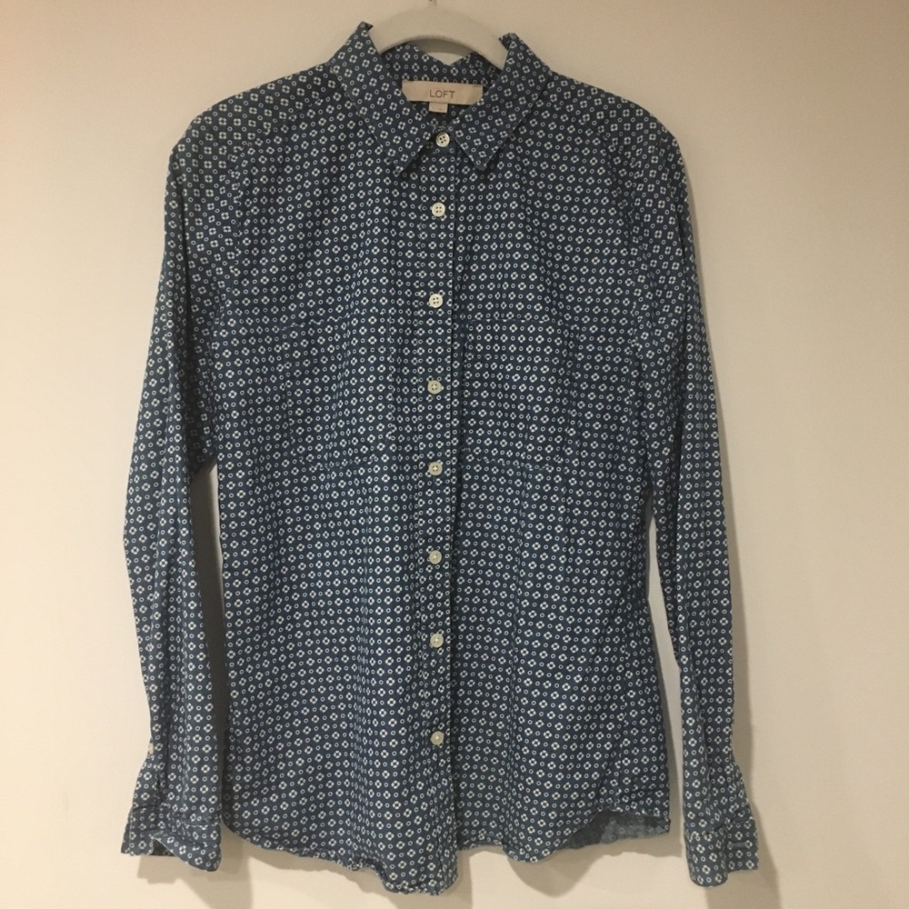 Loft Woman Shirt Blue Floral Button Down Small